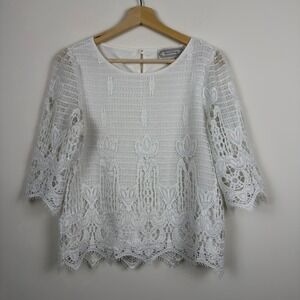 Anthropologie Beyond Vintage White Lace Crochet Boho Blouse Women's M